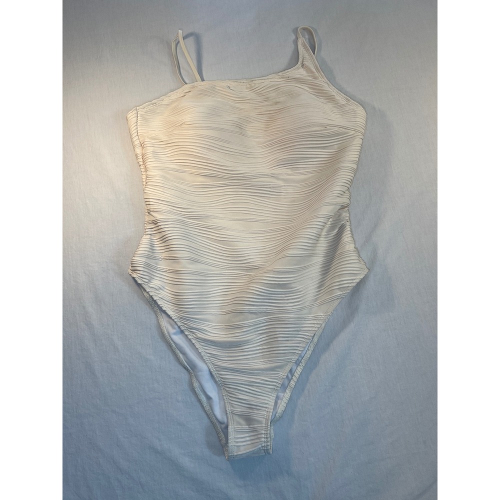 Wavy Textured Ribbed One Piece Swimsuit Off White Size 2XL Adjustable Straps